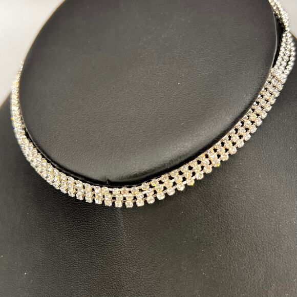 Silver Necklace Rhinestone Clear Stone True Choker Cubic Zirconia Adjustable - Picture 3 of 5